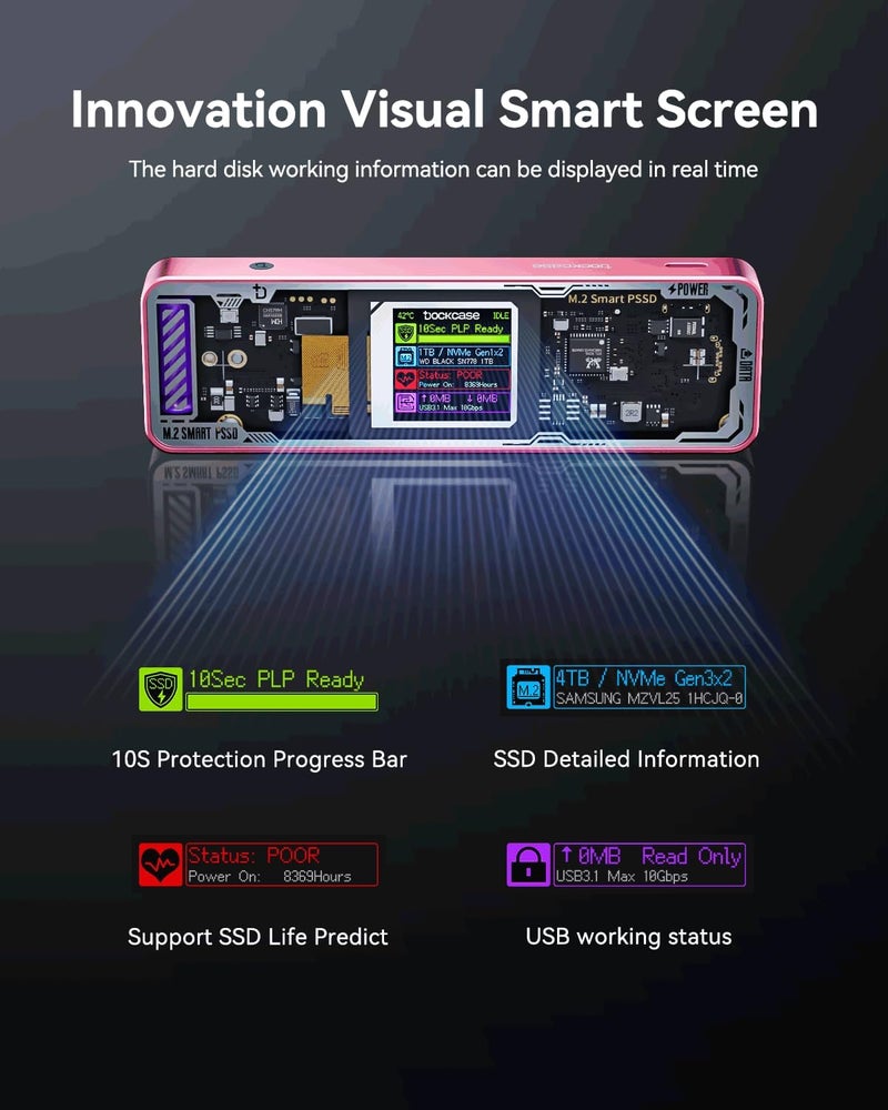 DOCKCASE Explorer Edition M.2 NVMe SSD Enclosure,Support 10s PLP Prevents Write Data Loss,USB 3.2 Gen 2 Type-C (10 Gbps), fits NVMe PCIe,Size 2230/2242/2260/2280,Support M-Key B+M Key UASP - Image 2
